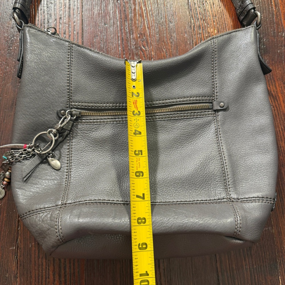 The Sak Hobo Shoulder Bag Purse Grey Leather Front Zip Charm Accent - EUC - Picture 2 of 10